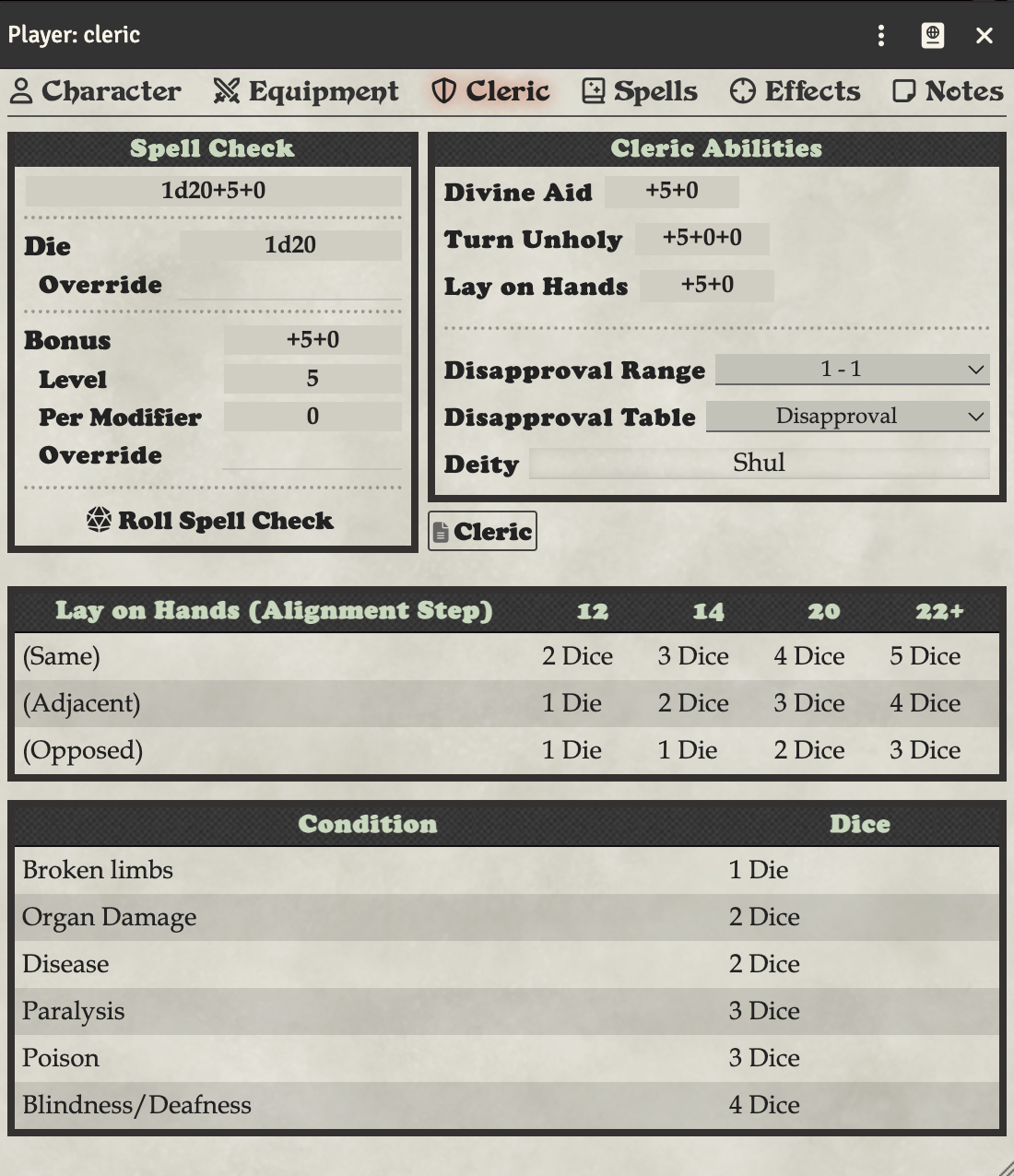 Cleric Tab Skills