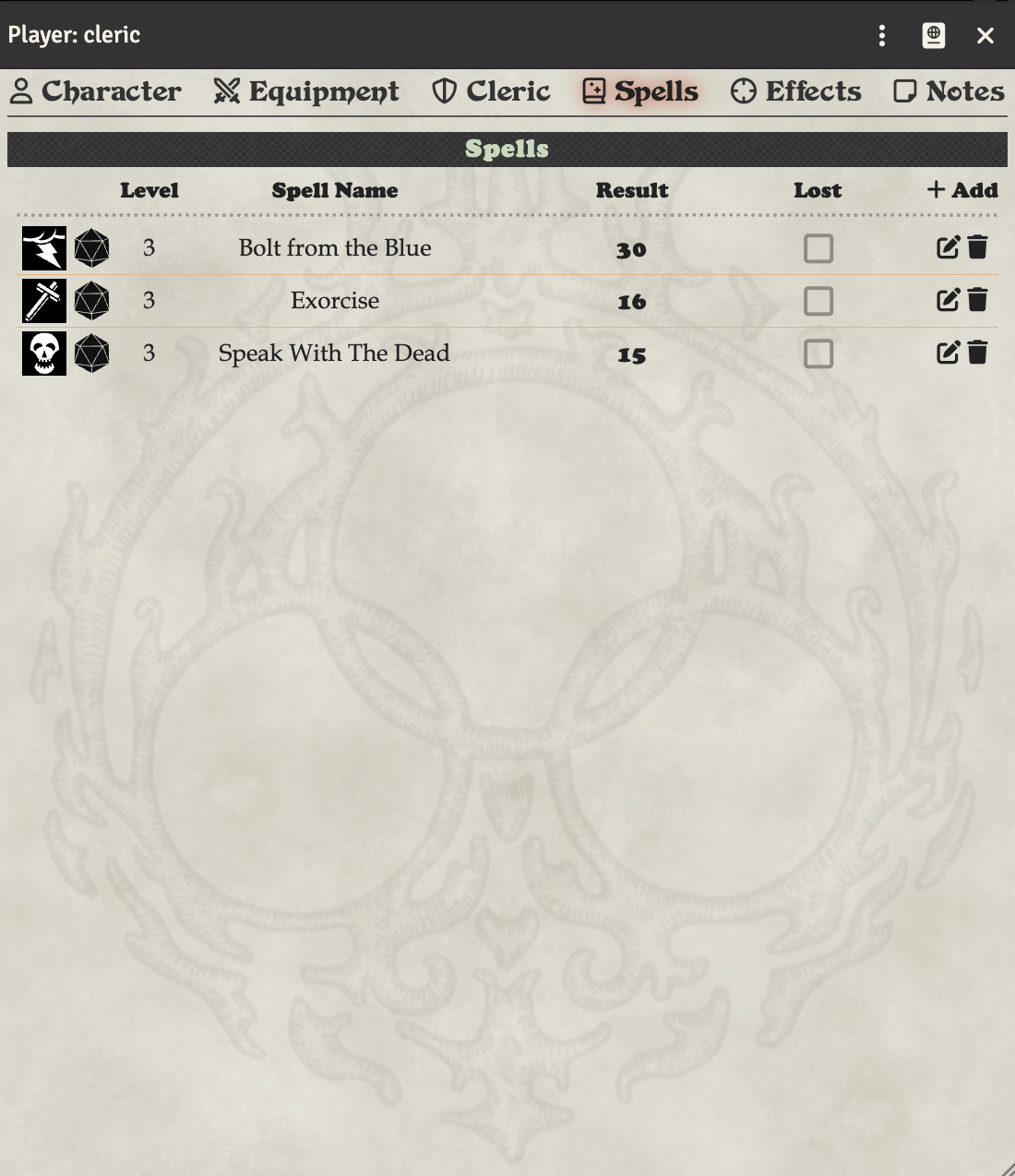 Cleric Spells Tab
