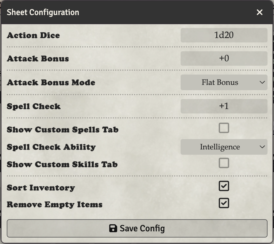 NPC Sheet Configuration