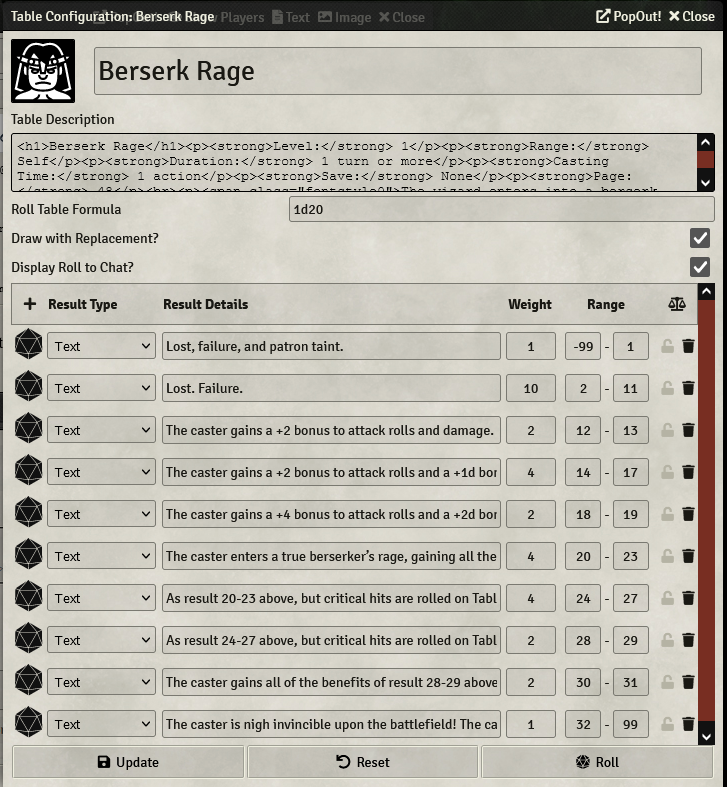 Spell Table